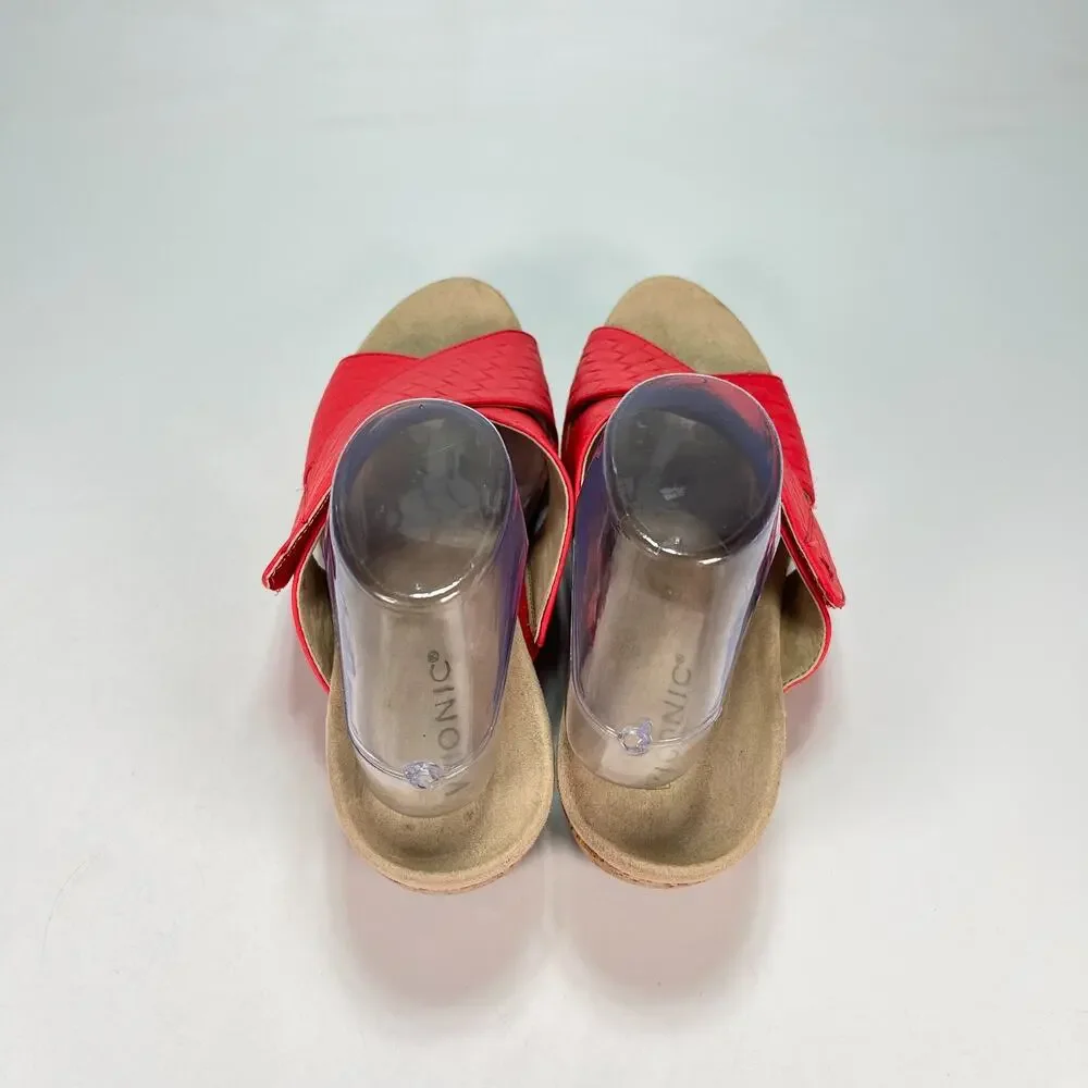 Vionic Leticia Poppy Leather Comfort Orthotic Slides Wedge Sandals Women's Sz 10